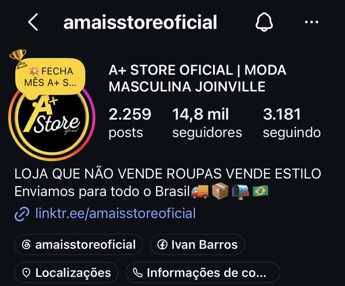 Perfil do Instagram da A+ Store Oficial, 14,8 mil seguidores