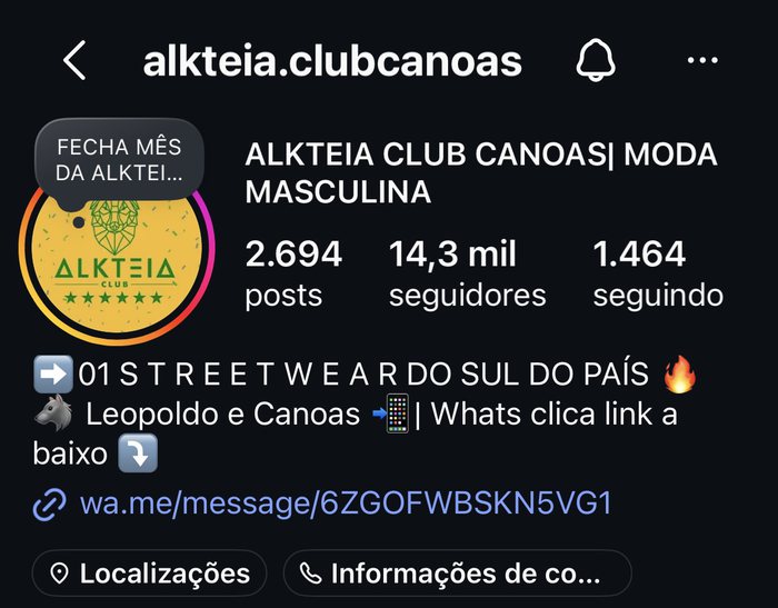 Perfil do Instagram da Alkteia Club Canoas, 14,3 mil seguidores